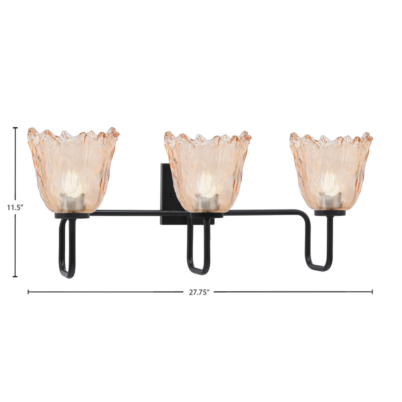 Toltec Sandia 3-Light Bath Bar | Modern Matte Black Steel and Amber Lava Glass | Bathroom Vanity & Powder Room | 8.25 x 11.5 in | Model 6223-MB-4233