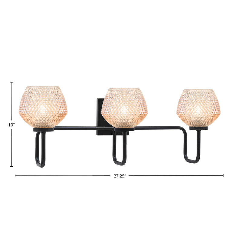 Toltec Sandia 27in 3-Light Bath Bar | Modern Matte Black Steel and Amber Textured Glass | Bathroom Vanity | 27.25 x 10 in | Model 6223-MB-4623