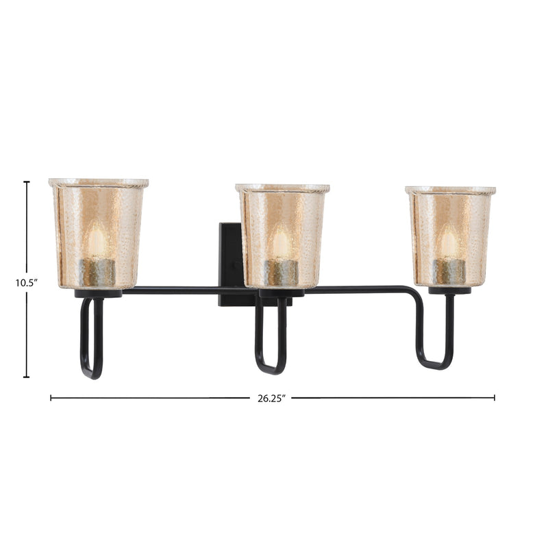 Toltec Sandia 3-Light Bath Bar | Modern Matte Black Steel and Amber Bubble Glass | Bathroom Vanity & Powder Room | 7.5 x 10.5 in | Model 6223-MB-5033