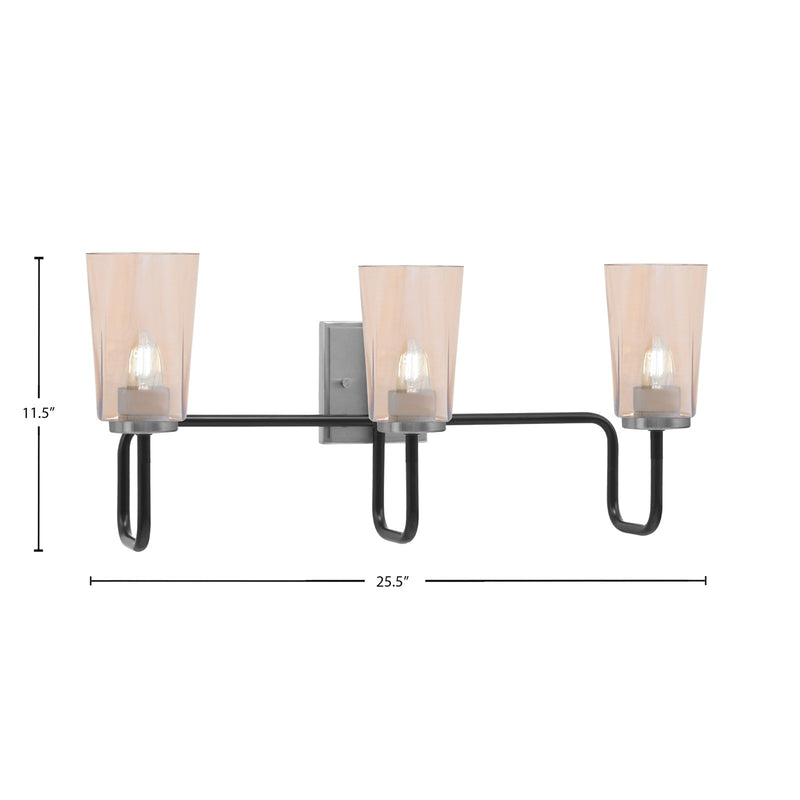Toltec Sandia 3-Light Bath Bar | Modern Matte Black and Graphite Finish with Amber Gradient Glass | Bathroom & Powder Room Vanity Light | Model 6223-MBGP-263