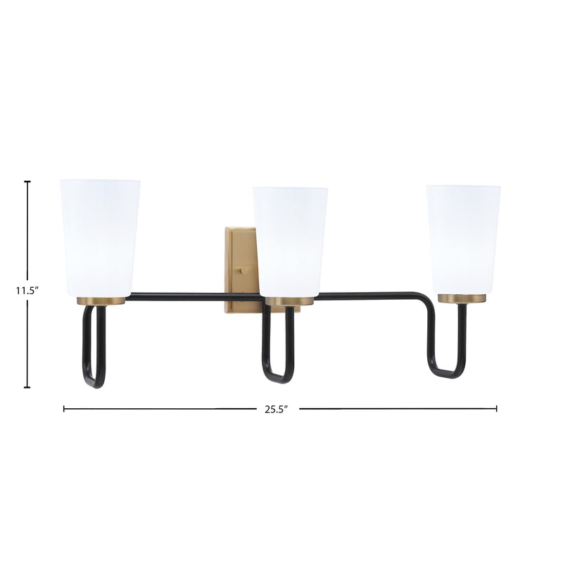 Toltec Sandia 3-Light Bath Bar | Matte Black & New Age Brass Steel and White Opal Glass | Bathroom & Powder Room Vanity | 7.25 x 11.5 in | Model 6223-MBNAB-261