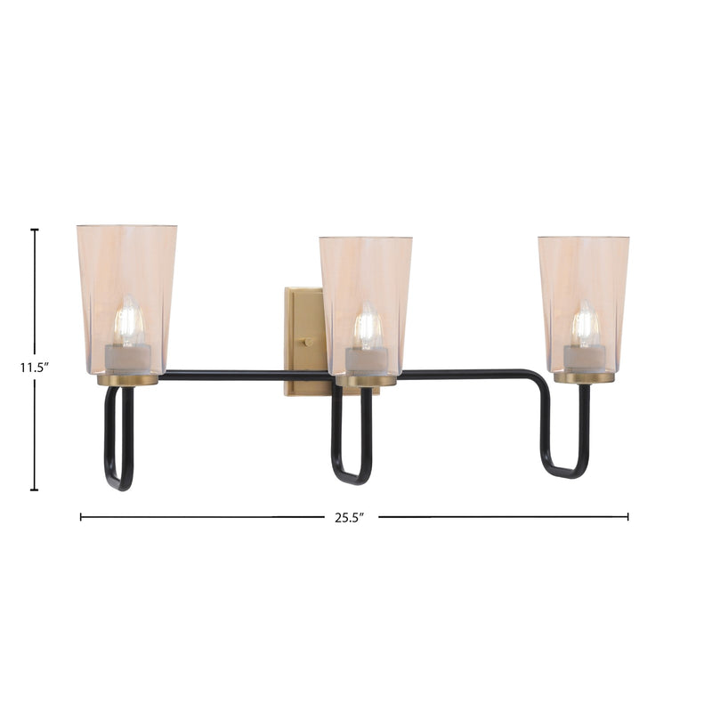 Toltec Sandia 3-Light Bath Bar | Industrial Matte Black and New Age Brass with Amber Gradient Glass | Bathroom Vanity | 7.25 x 11.5 in | Model 6223-MBNAB-263