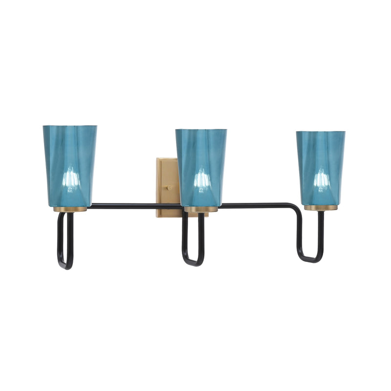Toltec Sandia 3-Light Bath Bar | Industrial Matte Black and New Age Brass with Blue Gradient Glass | Bathroom Vanity | 7.25 x 11.5 in | Model 6223-MBNAB-265