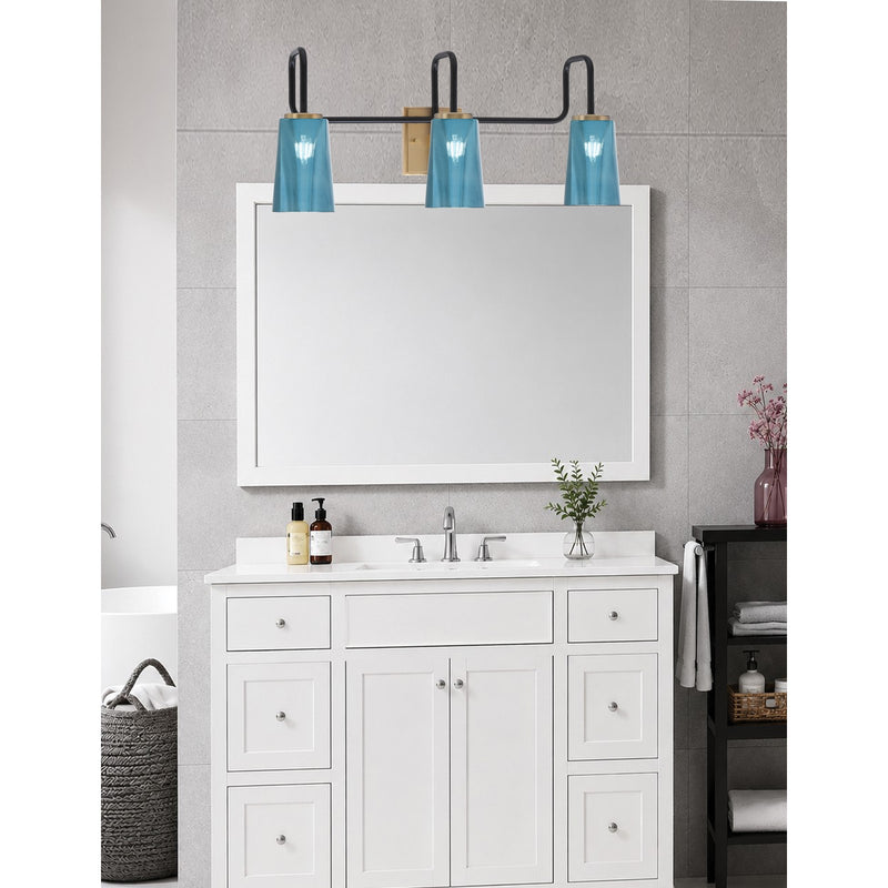 Toltec Sandia 3-Light Bath Bar | Industrial Matte Black and New Age Brass with Blue Gradient Glass | Bathroom Vanity | 7.25 x 11.5 in | Model 6223-MBNAB-265