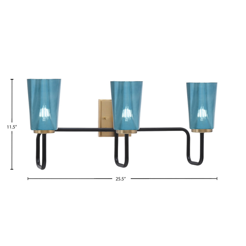 Toltec Sandia 3-Light Bath Bar | Industrial Matte Black and New Age Brass with Blue Gradient Glass | Bathroom Vanity | 7.25 x 11.5 in | Model 6223-MBNAB-265