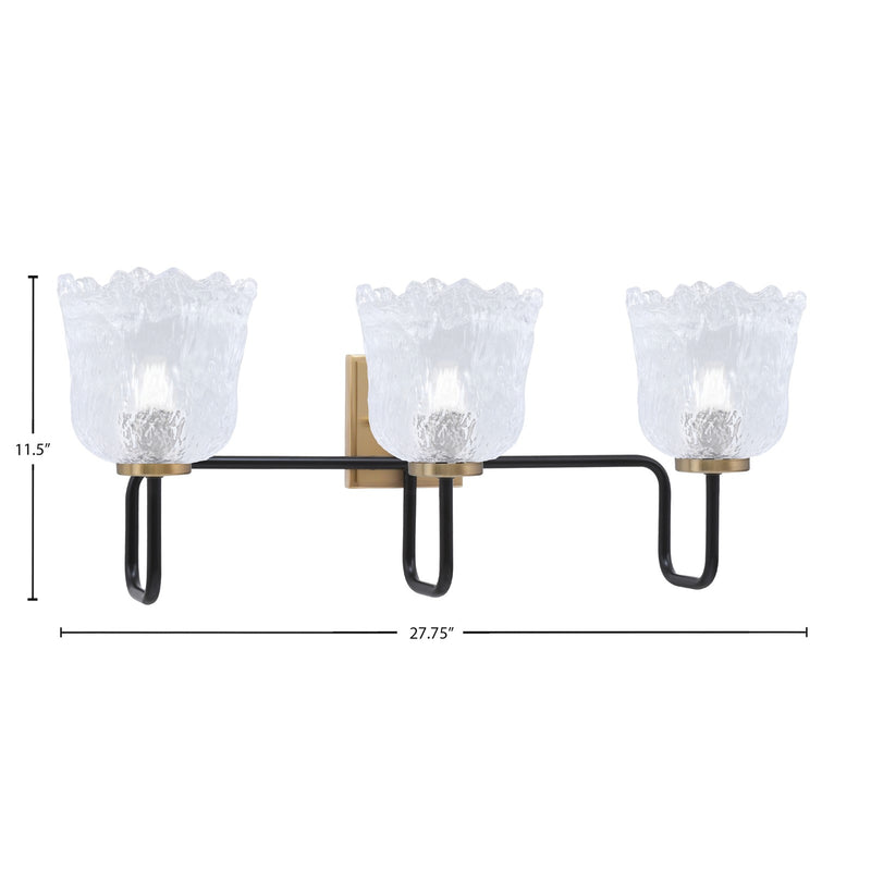 Toltec Sandia 11.5in 3-Light Bath Bar | Industrial Matte Black and New Age Brass with Clear Lava Glass | Bathroom & Powder Room | 8.25 x 11.5 in | Model 6223-MBNAB-4230