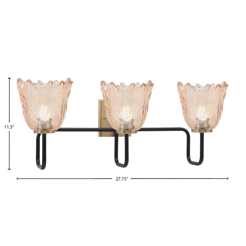 Toltec Sandia 11.5in 3-Light Bath Bar | Industrial Matte Black and New Age Brass with Amber Lava Glass | Bathroom & Powder Room | 8.25 x 11.5 in | Model 6223-MBNAB-4233