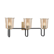 Toltec Sandia 10.5in 3-Light Bath Bar | Industrial Matte Black and New Age Brass with Amber Bubble Glass | Bathroom & Powder Room | 7.5 x 10.5 in | Model 6223-MBNAB-5033
