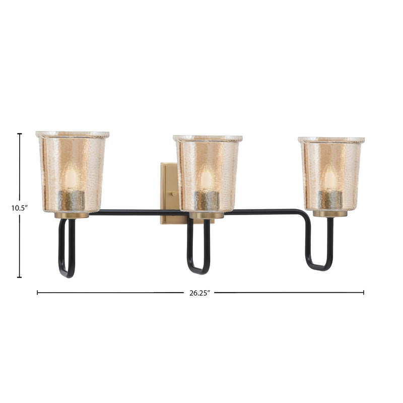 Toltec Sandia 10.5in 3-Light Bath Bar | Industrial Matte Black and New Age Brass with Amber Bubble Glass | Bathroom & Powder Room | 7.5 x 10.5 in | Model 6223-MBNAB-5033