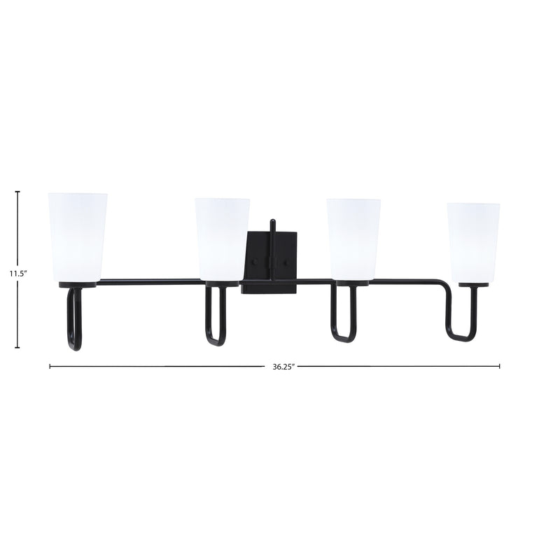 Toltec Sandia 4-Light Bath Bar | Modern Matte Black Steel and White Opal Glass | Bathroom Vanity Light | 7.25 x 11.5 in | Model 6224-MB-261
