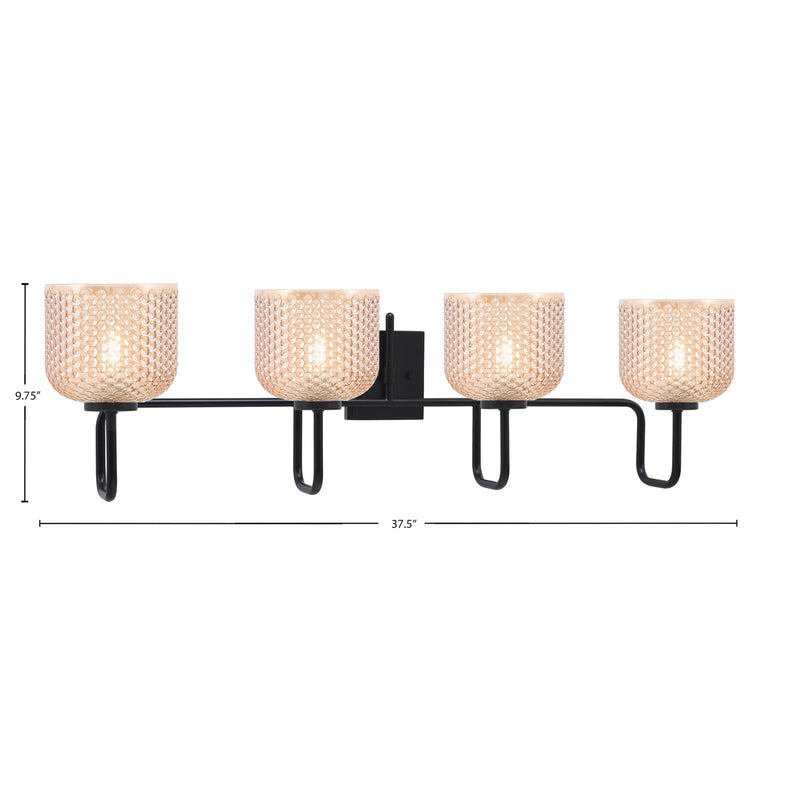 Toltec Sandia 37in 4-Light Bath Bar | Modern Matte Black Steel and Amber Textured Glass | Large Bathroom Vanity | 37.5 x 9.75 x 7.75 in | Model 6224-MB-4613