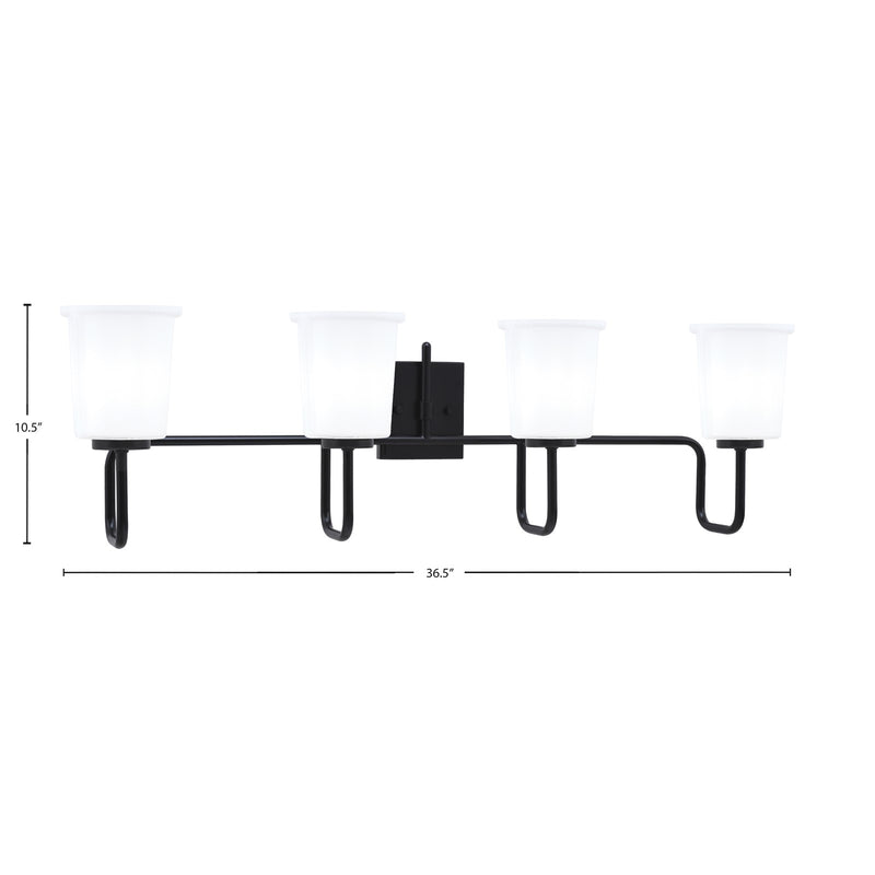 Toltec Sandia 10.5in 4-Light Bath Bar | Modern Matte Black and White Opal Glass | Bathroom Vanity & Powder Room | 7.5 x 10.5 in | Model 6224-MB-5031