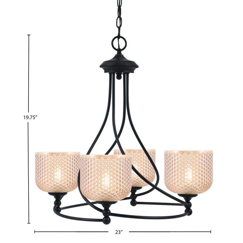 Toltec Capri 23in 4-Light Uplight Chandelier | Modern Matte Black Steel and Amber Textured Glass | Dining Room & Living Room | 23 x 23 x 19.75 in | Model 904-MB-4613