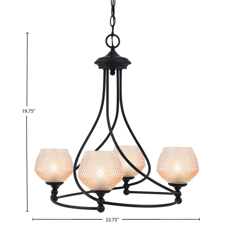 Toltec Capri 27.25in 4-Light Uplight Chandelier | Modern Matte Black Steel and Amber Textured Glass | Dining Room & Entryway | 27.25 x 10 in | Model 904-MB-4623