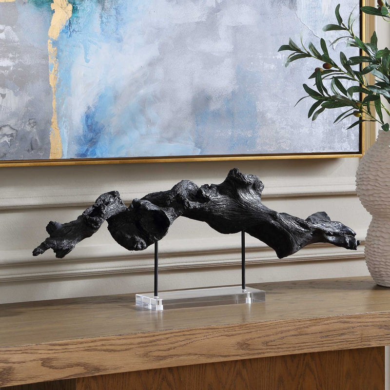Uttermost Charred Timber Branch Sculpture | Burnt Black Polyresin & Metal on Acrylic Stand | Mantel & Shelf Decor | Model 18327