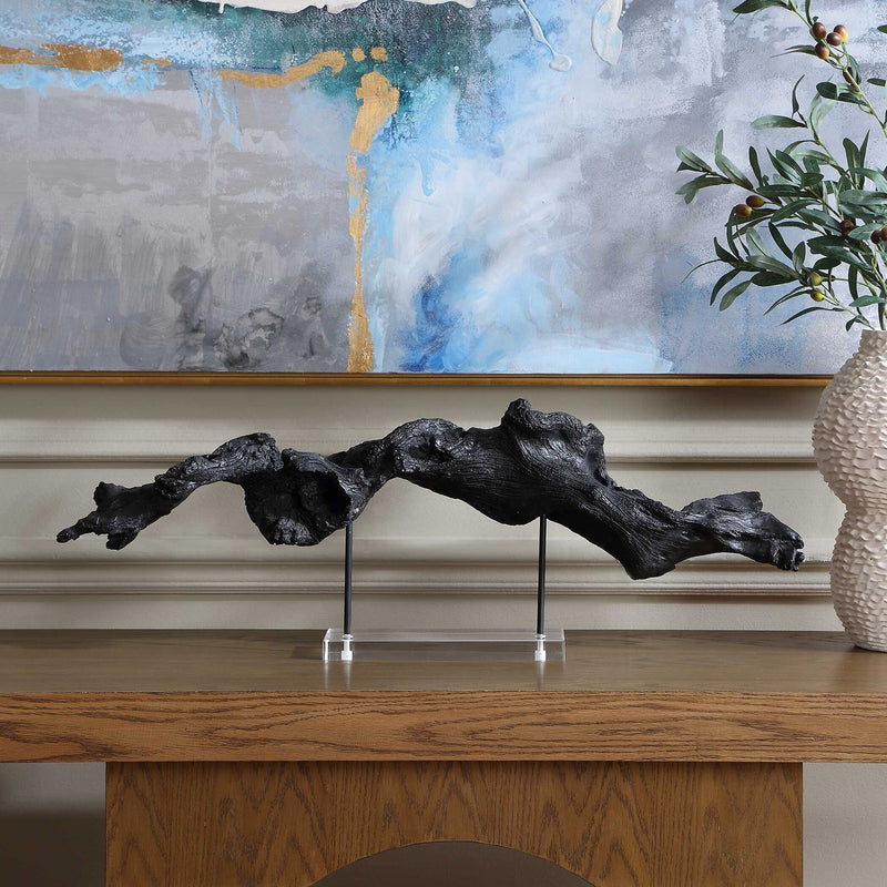 Uttermost Charred Timber Branch Sculpture | Burnt Black Polyresin & Metal on Acrylic Stand | Mantel & Shelf Decor | Model 18327