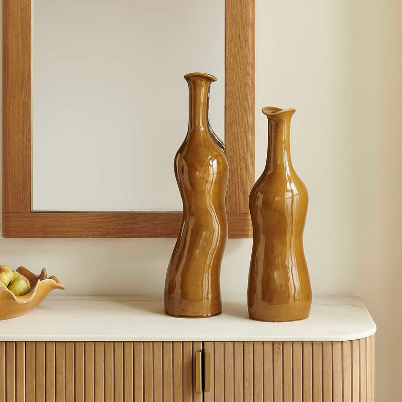 Uttermost Sienna Flow Bottle Vases Set/2 | Earthy Brown Glazed Earthenware | Shelf & Mantel Decor | 7 x 7 x 26 in | Model 18390