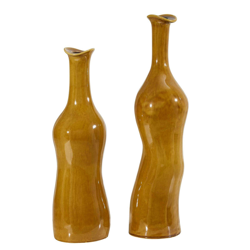 Uttermost Sienna Flow Bottle Vases Set/2 | Earthy Brown Glazed Earthenware | Shelf & Mantel Decor | 7 x 7 x 26 in | Model 18390