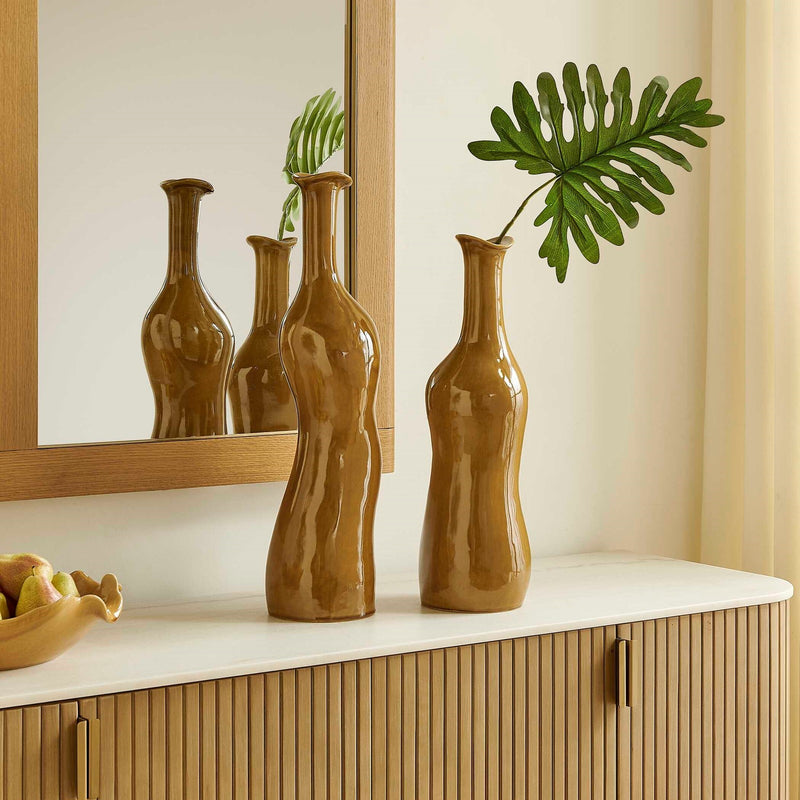 Uttermost Sienna Flow Bottle Vases Set/2 | Earthy Brown Glazed Earthenware | Shelf & Mantel Decor | 7 x 7 x 26 in | Model 18390