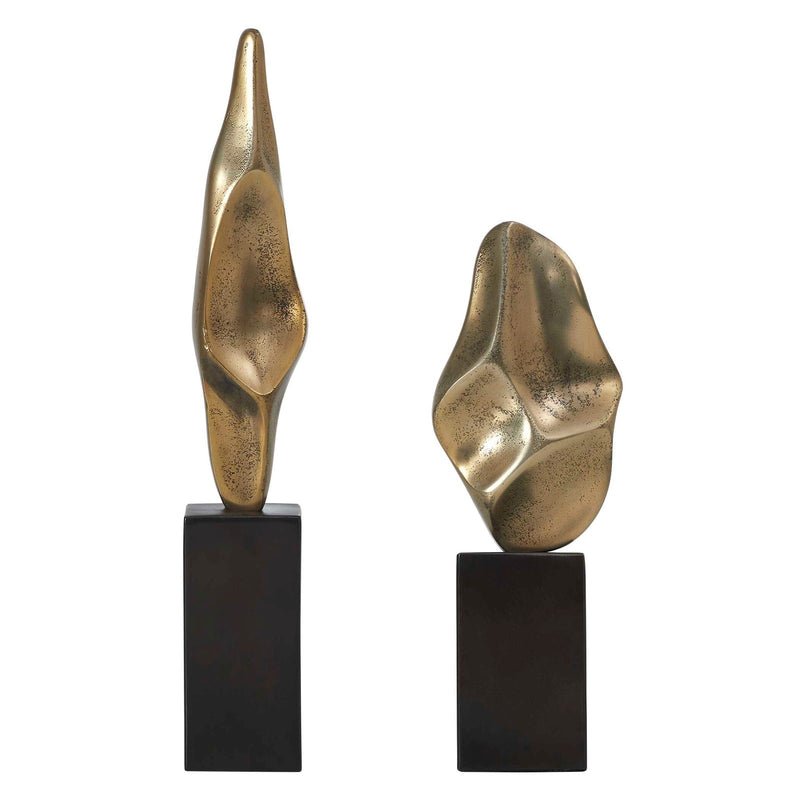 Uttermost Fluid Geometry Set/2 Gold Sculptures | Antiqued Gold Aluminum on Black Bases | Shelf & Tabletop Decor | 19in H | Model 18393