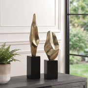 Uttermost Fluid Geometry Set/2 Gold Sculptures | Antiqued Gold Aluminum on Black Bases | Shelf & Tabletop Decor | 19in H | Model 18393