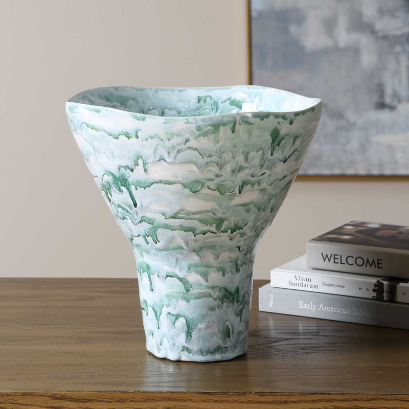 Uttermost Jameis Ceramic Watercolor Vase | Blue Green Gray Marbled Glaze | Living Room & Entryway Decor | 11.5 x 11 x 11 in | Model 18396