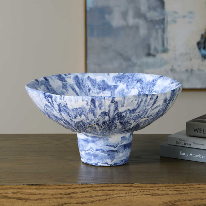 Uttermost Indigo Marble Pedestal Bowl | Ceramic Blue and Ivory Marbled | Coffee Table & Entryway Decor | 14 x 14 x 7 in | Model 18397