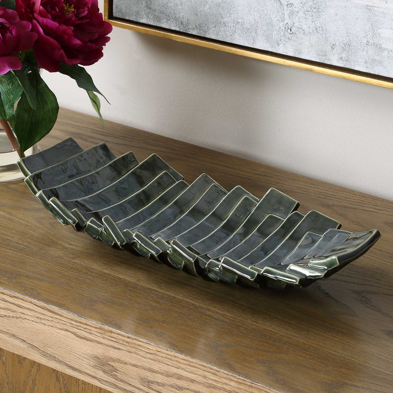 Uttermost Harbor Ridge Olive Green Ceramic Bowl | Glossy Ridged Sculptural | Coffee Table & Shelf Decor | 18.25 x 8.5 x 3.25 in | Model 18398