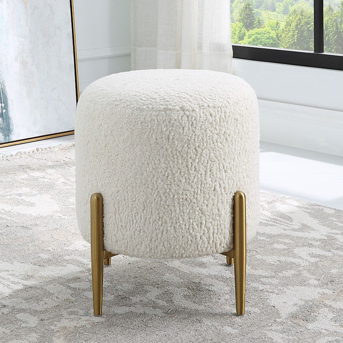 Uttermost Arles Ottoman, Brushed Brass/White Faux