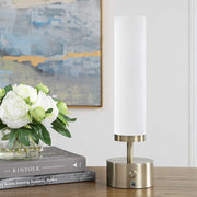 Uttermost Auden Rechargeable LED Accent Lamp | Light Antique Brass & Frosted Acrylic | Bedside & Shelf Lighting | 5 x 5 x 17 in | Model 30688-1