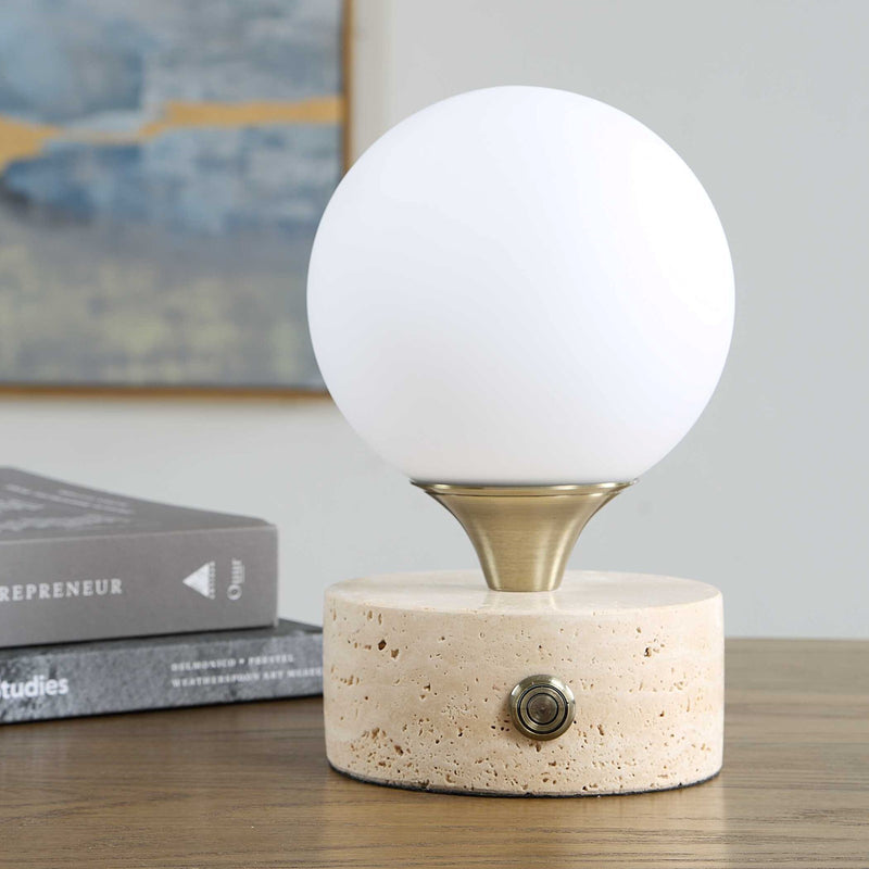 Uttermost Abril Rechargeable LED Accent Lamp | Brass Gold and Travertine | Bedside & Shelf Ambient Light | 5 x 5 x 8.25 in | Model 30691-1