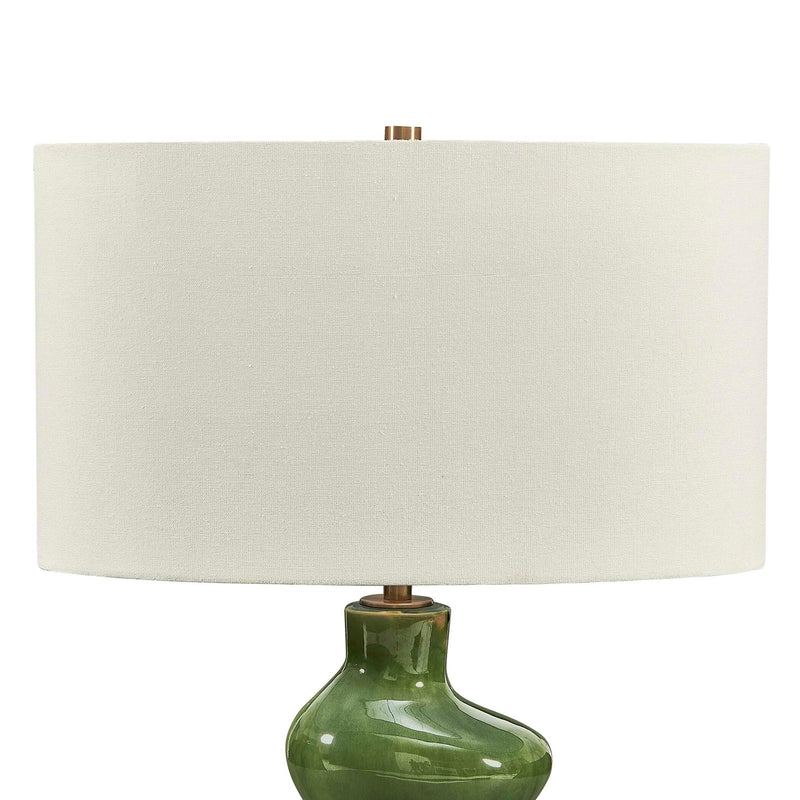 Uttermost Esall Dark Green Table Lamp | Antique Brass and White Linen | Living Room & Bedside | 19 x 10 x 28.75 in | Model 30737-1
