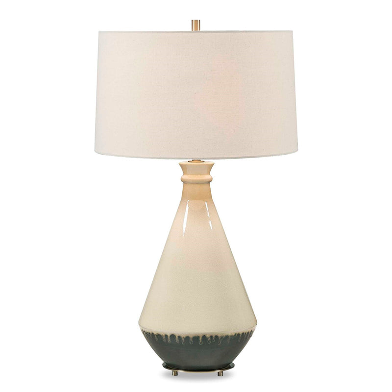 Uttermost Banham 18in 1-Light Table Lamp | Glossy Beige and Matte Gray Ceramic with Antique Brass and White Linen Shade | Living Room | Model 30742-1