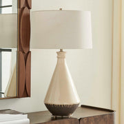 Uttermost Banham 18in 1-Light Table Lamp | Glossy Beige and Matte Gray Ceramic with Antique Brass and White Linen Shade | Living Room | Model 30742-1