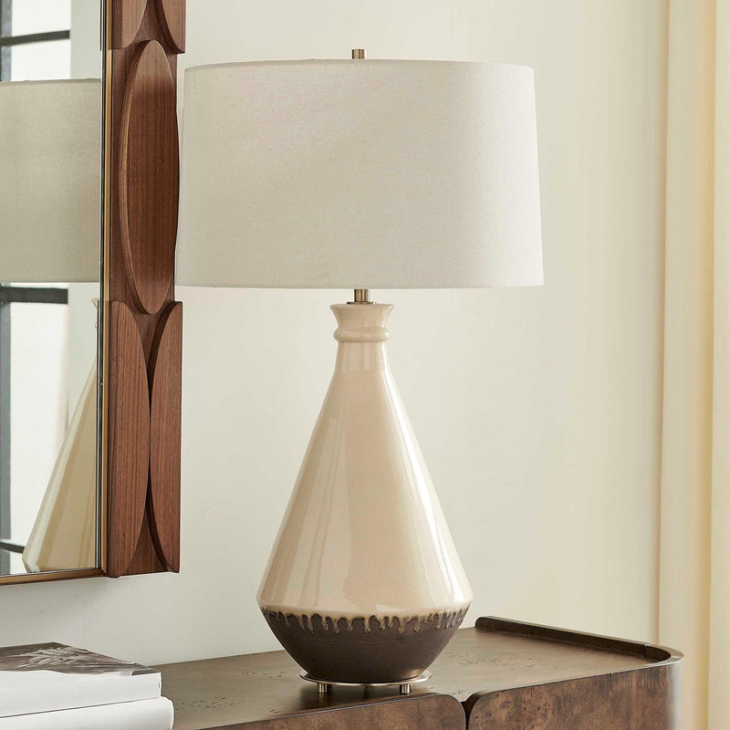 Uttermost Banham 18in 1-Light Table Lamp | Glossy Beige and Matte Gray Ceramic with Antique Brass and White Linen Shade | Living Room | Model 30742-1