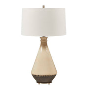 Uttermost Banham 18in 1-Light Table Lamp | Glossy Beige and Matte Gray Ceramic with Antique Brass and White Linen Shade | Living Room | Model 30742-1
