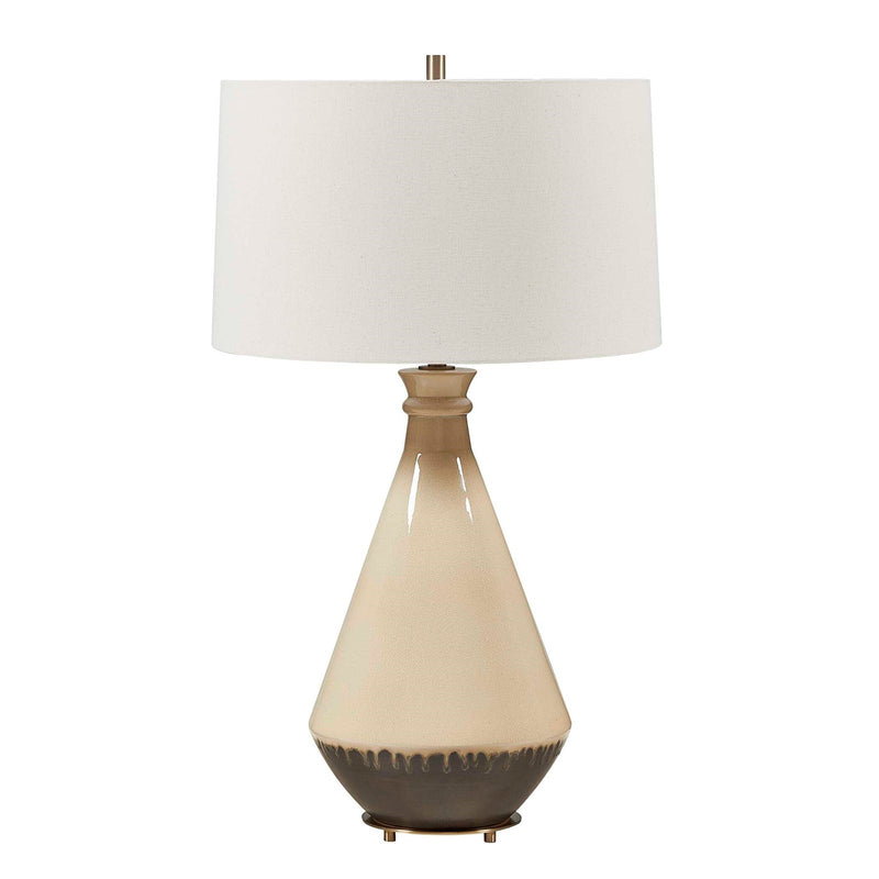 Uttermost Banham 18in 1-Light Table Lamp | Glossy Beige and Matte Gray Ceramic with Antique Brass and White Linen Shade | Living Room | Model 30742-1