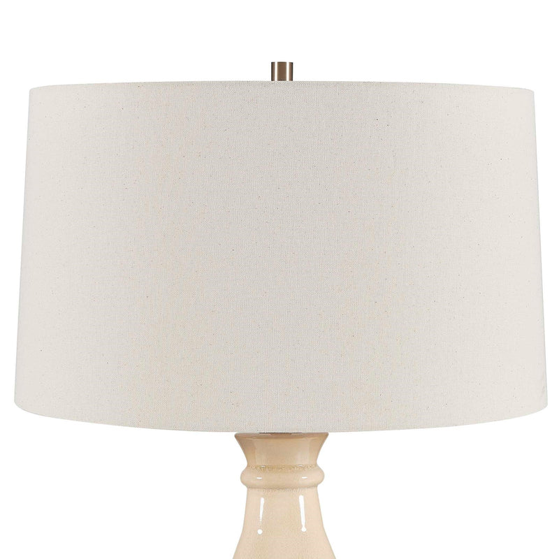 Uttermost Banham 18in 1-Light Table Lamp | Glossy Beige and Matte Gray Ceramic with Antique Brass and White Linen Shade | Living Room | Model 30742-1