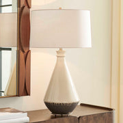 Uttermost Banham 18in 1-Light Table Lamp | Glossy Beige and Matte Gray Ceramic with Antique Brass and White Linen Shade | Living Room | Model 30742-1