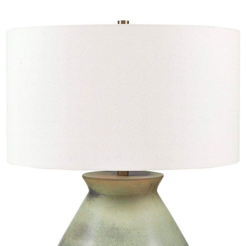 Uttermost Natrone 20in 1-Light Table Lamp | Distressed Sage Green Ceramic with Antique Brass and White Linen Shade | Living Room | Model 30743-1