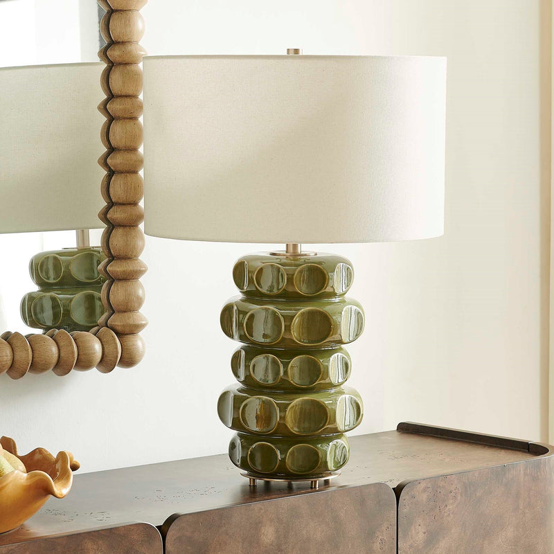 Uttermost Masau 19in 1-Light Table Lamp | Moss Green Ceramic with Antique Brass and White Linen Shade | Living Room & Bedroom | Model 30744-1