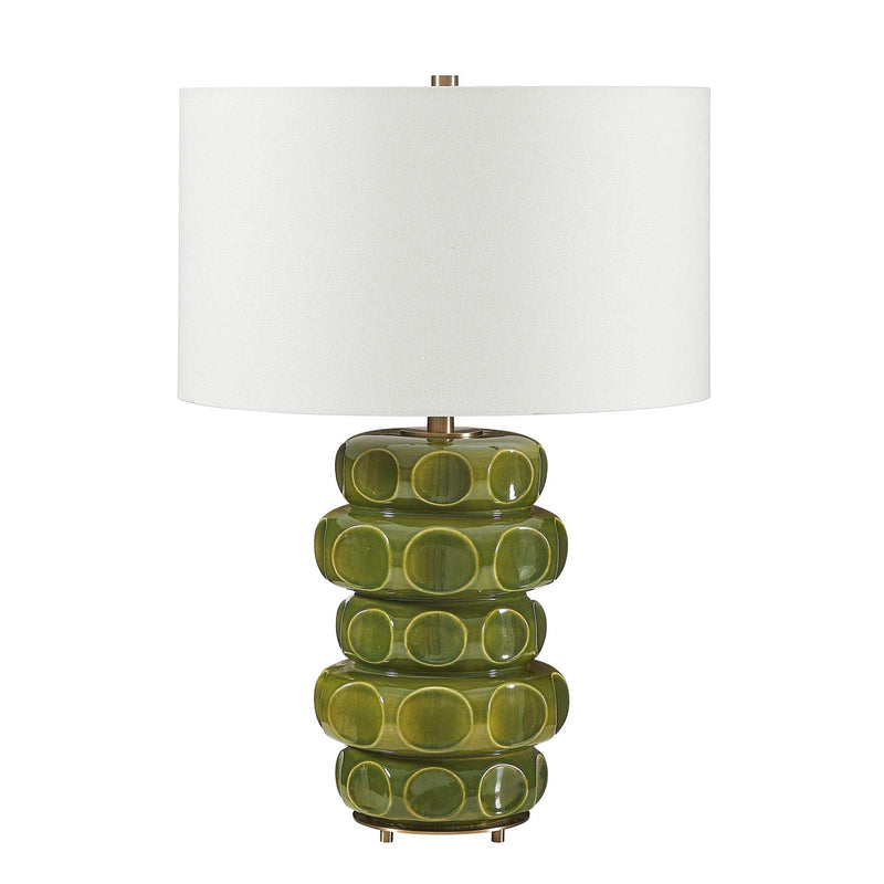 Uttermost Masau 19in 1-Light Table Lamp | Moss Green Ceramic with Antique Brass and White Linen Shade | Living Room & Bedroom | Model 30744-1