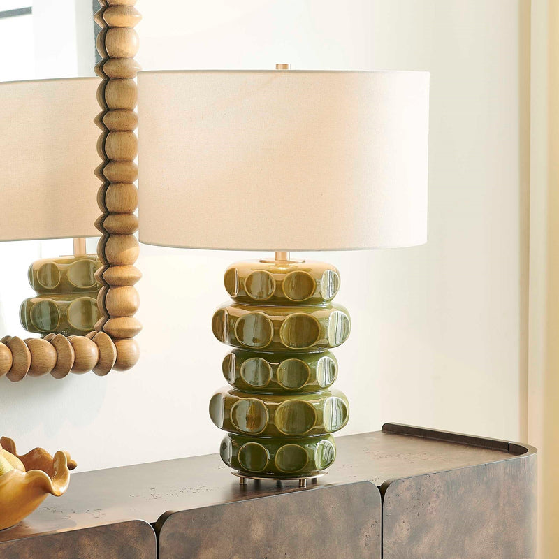 Uttermost Masau 19in 1-Light Table Lamp | Moss Green Ceramic with Antique Brass and White Linen Shade | Living Room & Bedroom | Model 30744-1