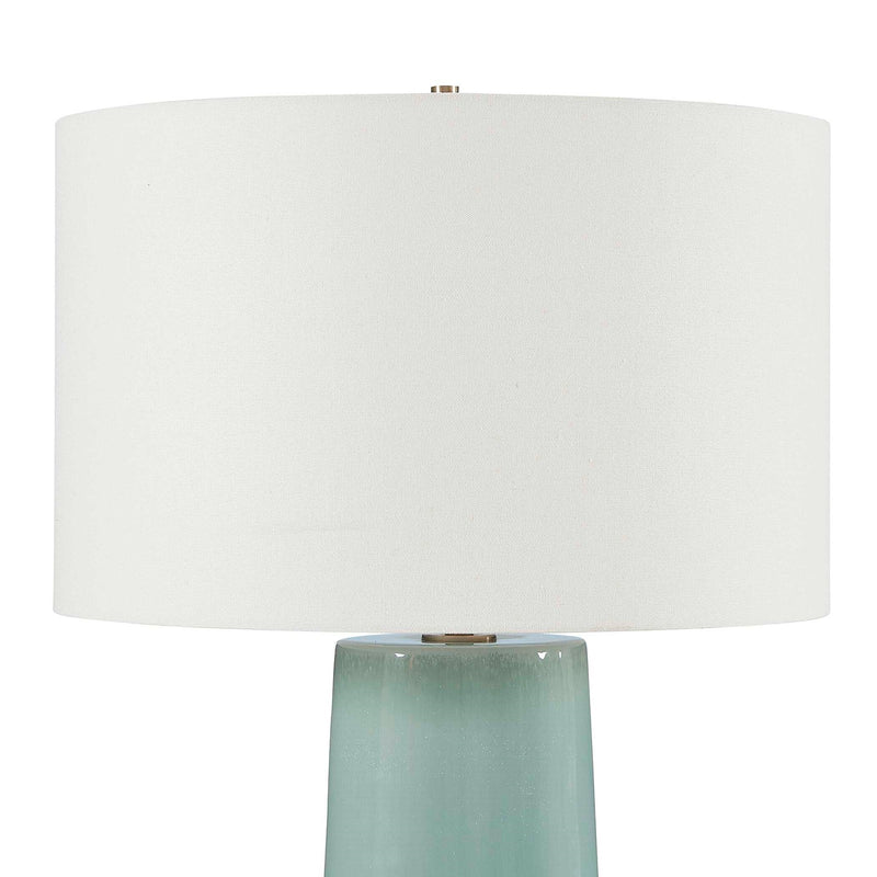 Uttermost Claudin 20in 1-Light Table Lamp | Glossy Aqua Blue Ceramic with Antique Brass and White Linen Shade | Living Room & Bedroom | Model 30745-1