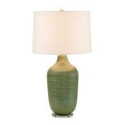 Uttermost Dulcich 16in 1-Light Table Lamp | Green Grid Ceramic and Antique Brass | Living Room & Bedroom | 16 x 16 x 28.75 in | Model 30755-1