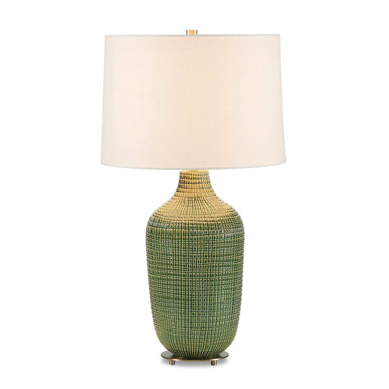 Uttermost Dulcich 16in 1-Light Table Lamp | Green Grid Ceramic and Antique Brass | Living Room & Bedroom | 16 x 16 x 28.75 in | Model 30755-1