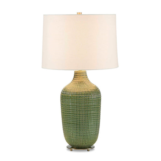 Uttermost Dulcich 16in 1-Light Table Lamp | Green Grid Ceramic and Antique Brass | Living Room & Bedroom | 16 x 16 x 28.75 in | Model 30755-1