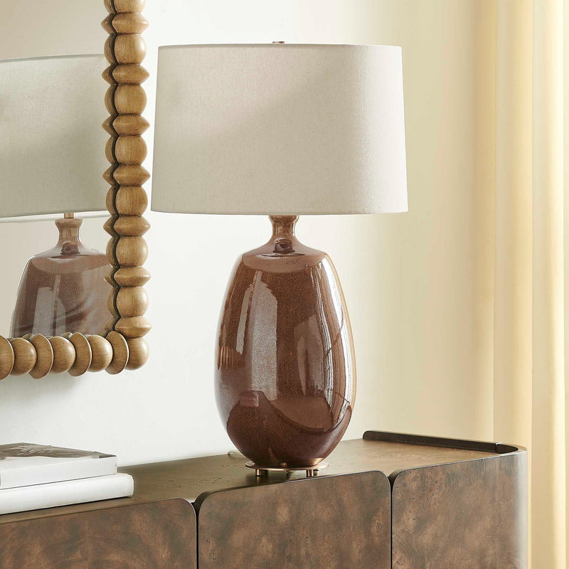 Uttermost Vinson 18in 1-Light Table Lamp | Glossy Brown Ceramic and Antique Brass | Living Room & Bedroom | 18 x 18 x 29.5 in | Model 30756-1