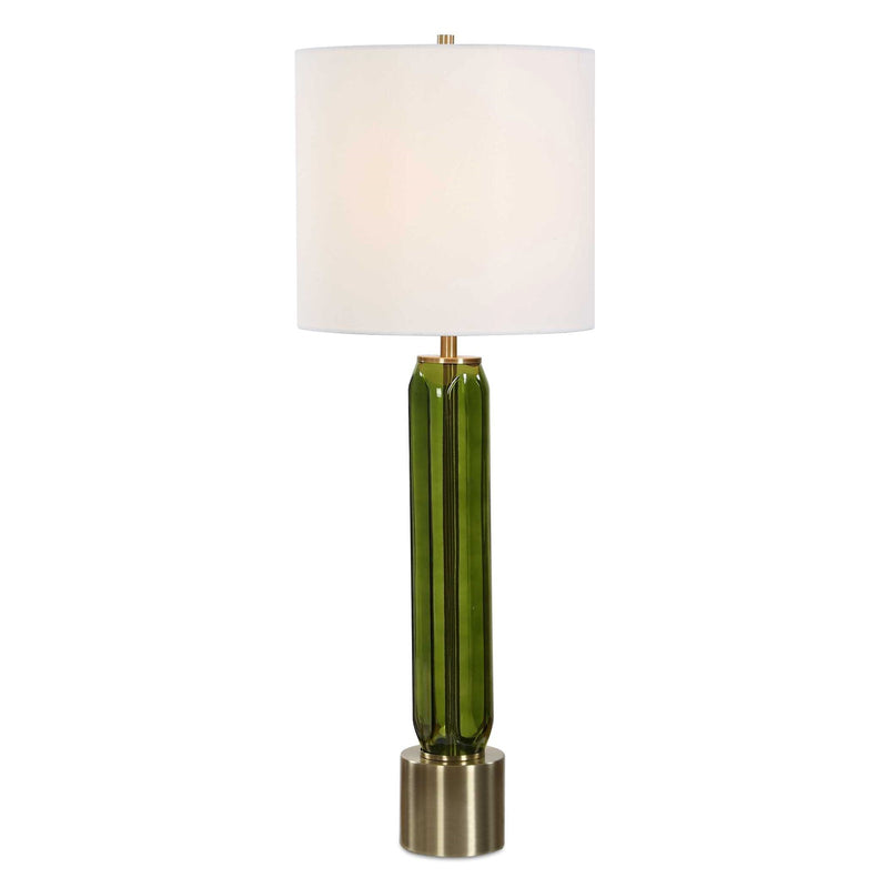 Uttermost Aspis 11in 1-Light Table Lamp | Green Glass and Antique Gold | Living Room & Bedroom | 11 x 11 x 31 in | Model 30760-1