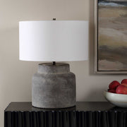 Uttermost Benedet 23.25in Table Lamp | Distressed Gray Ceramic and Antique Brass | Living Room & Bedside | 18 x 18 x 23.25 in | Model 30763